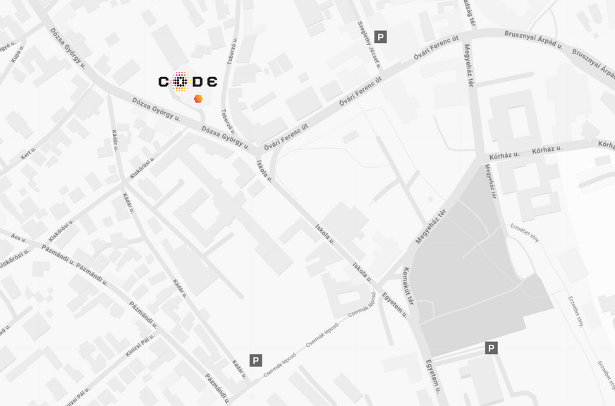 Map: Location of the CODE Digital Experience Center in Veszprém (2 Dózsa György út) with nearby parking lots